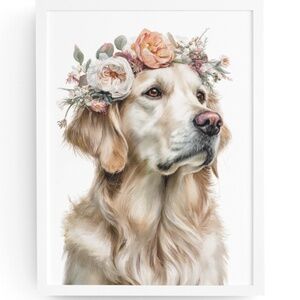 Watercolor Golden Retriever Dog Portrait Wall Art Print, Unframed - Heartwarming
